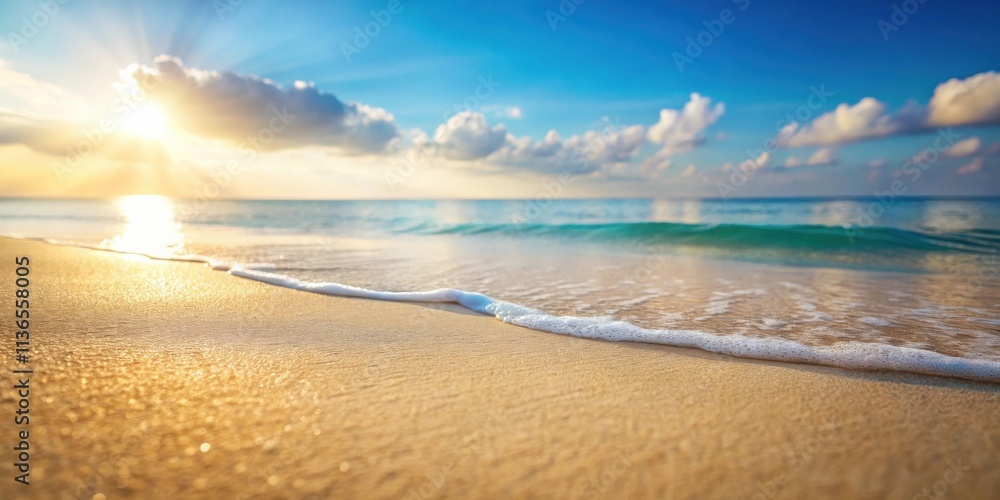 Golden Hour Beach Scene Gentle Waves Kissing Sandy Shore at Sunrise Golden Hour Beach Scene Gentle Waves Kissing Sandy Shore at Sunrise
