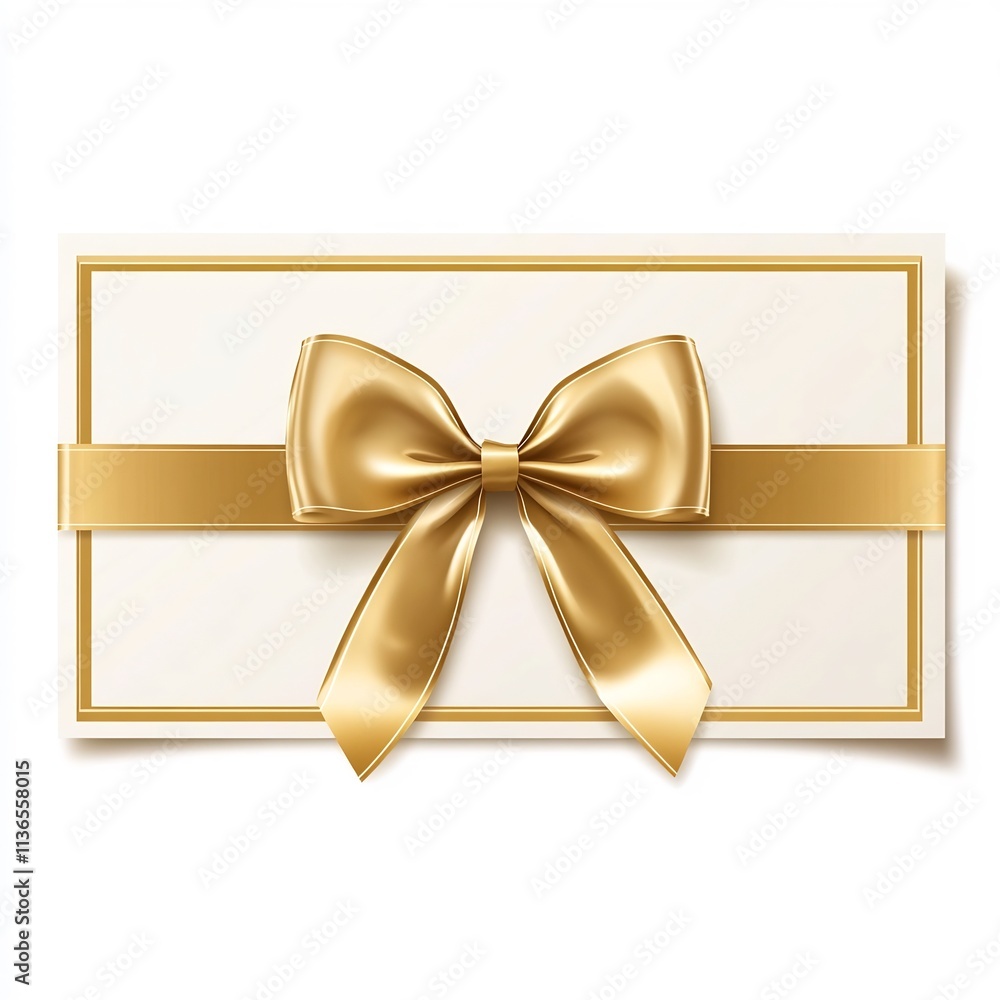 Fototapeta premium Elegant White Gift Voucher with Golden Ribbon and Bow for Discount Coupon or Special Offer
