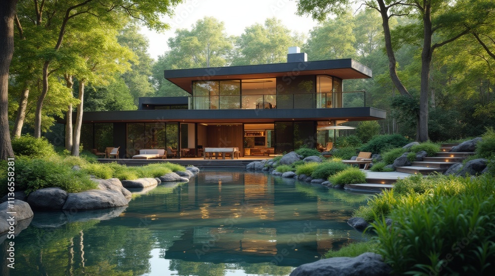 Modern Home Surrounded by Lush Greenery and Peaceful Water Feature Modern Home Surrounded by Lush Greenery and Peaceful Water Feature