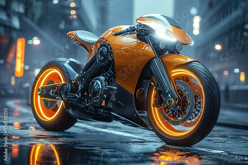 A neon orange motorcycle is parked on a wet street photo