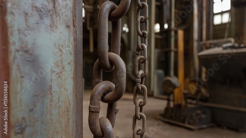 Closed factory gate with chain and padlock, symbolizing the end of an era and the transition to new beginnings. Industrial decline and the shift towards modernization and renewal. photo