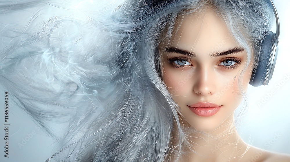 Hyper-realistic depiction of a woman enveloped in glowing grey smoke energy, futuristic headphones on, smiling naturally, front-facing composition, vibrant tones, Ultra-Realistic, Photo Realistic, Hyper-realistic depiction of a woman enveloped in glowing grey smoke energy, futuristic headphones on, smiling naturally, front-facing composition, vibrant tones, Ultra-Realistic, Photo Realistic,