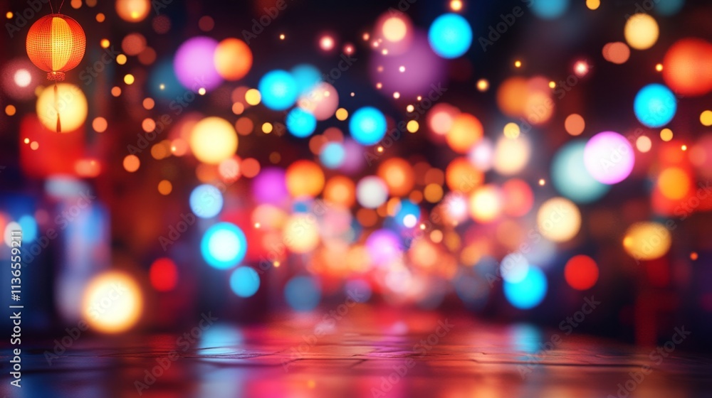 Chinese lunar new year celebration. China town defocused background, Mid Autumn festival with colorful lights Chinese lunar new year celebration. China town defocused background, Mid Autumn festival with colorful lights