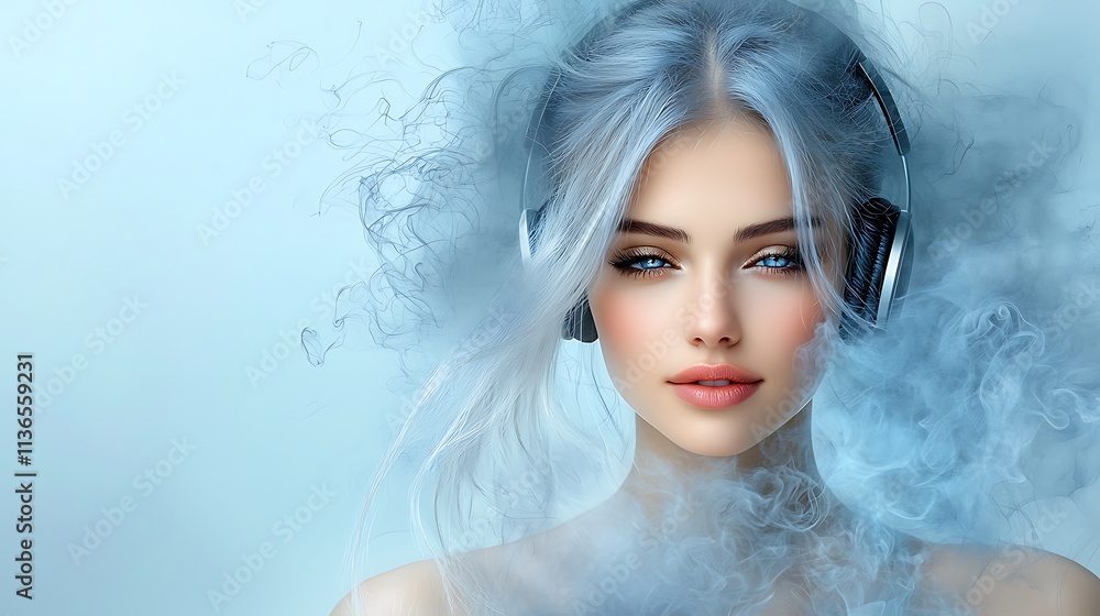 Hyper-realistic depiction of a woman enveloped in glowing grey smoke energy, futuristic headphones on, smiling naturally, front-facing composition, vibrant tones, Ultra-Realistic, Photo Realistic, Hyper-realistic depiction of a woman enveloped in glowing grey smoke energy, futuristic headphones on, smiling naturally, front-facing composition, vibrant tones, Ultra-Realistic, Photo Realistic,