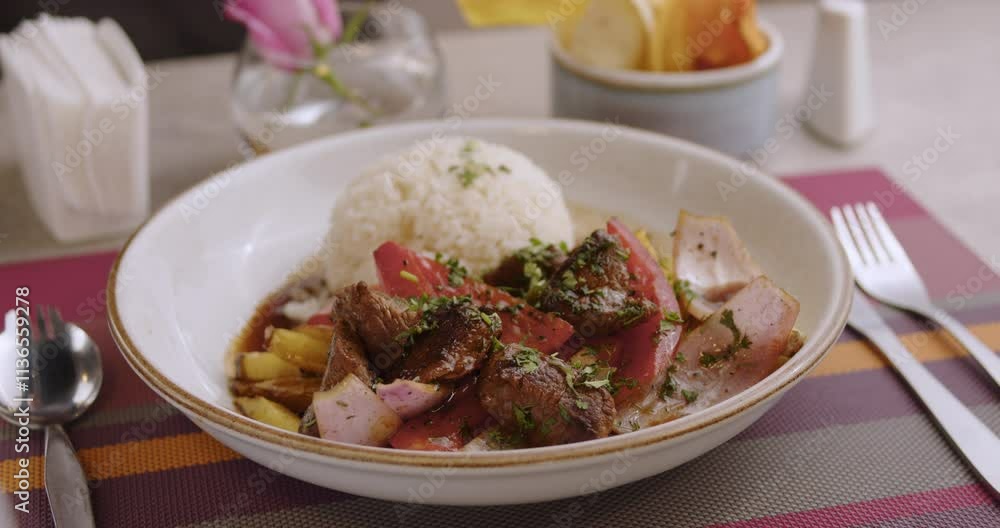 Closeup of Peruvian Sauteed Loin with rice being served on a restaurant's table.