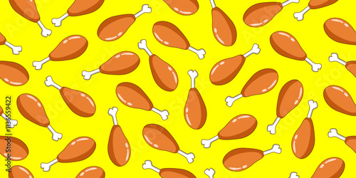 Chicken thigh cartoon seamless pattern. Chicken thigh illustration on yellow background