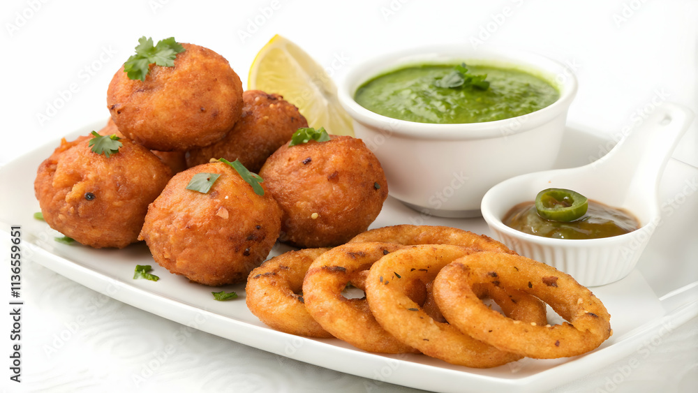 Appetizing Plate of Fried Balls with Onion Rings, Dipping Sauces, and Lemon Wedge Appetizing Plate of Fried Balls with Onion Rings, Dipping Sauces, and Lemon Wedge