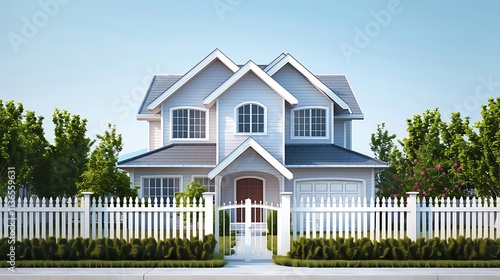 3D vector suburban house with a two-car garage, white picket fence, and manicured lawn