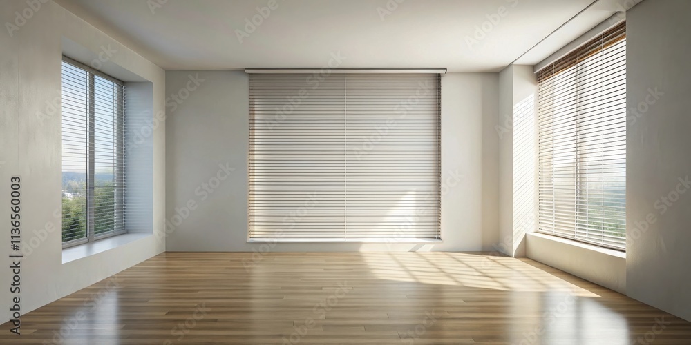 Fototapeta premium Empty room with large windows and light wood floors, sunlight streaming through venetian blinds