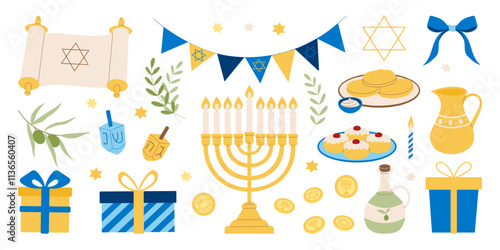 A collection of Jewish symbols and food items. The symbols include a menorah, a Star of David, and a Torah scroll. The food items include a cake, a cupcake, and a bowl of fruit