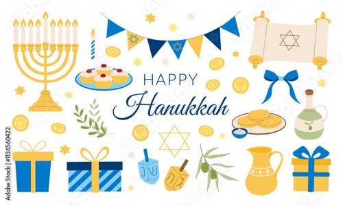 A colorful image of Hanukkah decorations and food. The image is titled "Happy Hanukkah" and features a variety of symbols and items associated with the holiday