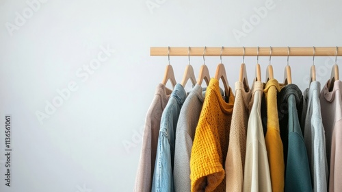 fashion clothes on a rack in a light background indoors. place for text