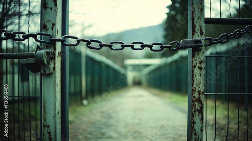 Closed factory gate with chain and padlock, symbolizing the end of an era and the transition to new beginnings. Industrial decline and the shift towards modernization and renewal. photo