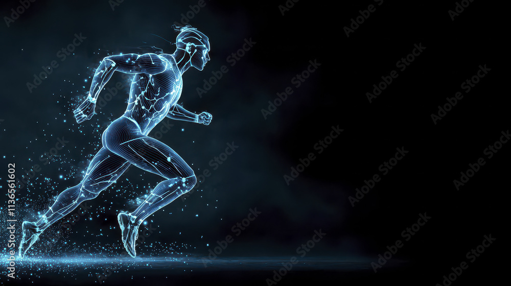 dynamic illustration of running man in futuristic, glowing style, showcasing athleticism and energy. figure appears to be made of light and particles, emphasizing motion and speed dynamic illustration of running man in futuristic, glowing style, showcasing athleticism and energy. figure appears to be made of light and particles, emphasizing motion and speed
