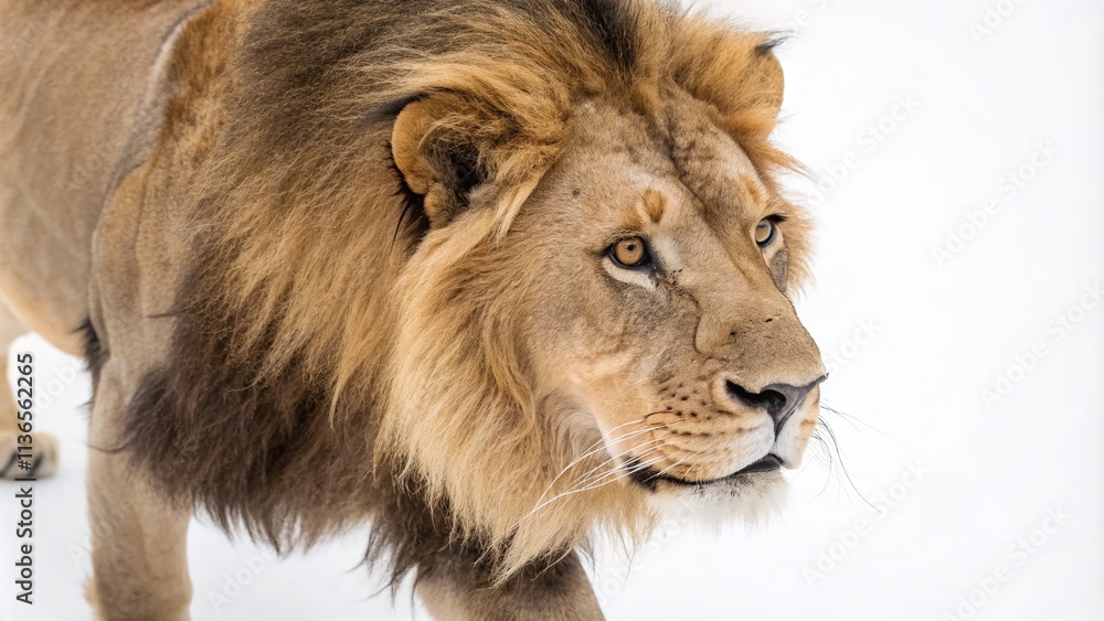 Obraz premium Majestic Lion on Pure White Background for Stunning Drone Photography, Perfect for Wildlife Enthusiasts, Nature Lovers, and Educational Purposes
