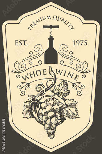 Wine label with a bunch of grapes, bottle with corkscrew and inscriptions in retro style. Vector hand-drawn label with curlicues on white background