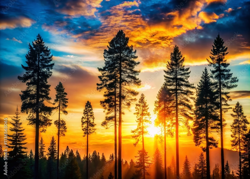 Majestic Pine Forest Silhouettes: Dark Woodland Scene, Nature Photography, Copy Space, Right Composition Majestic Pine Forest Silhouettes: Dark Woodland Scene, Nature Photography, Copy Space, Right Composition