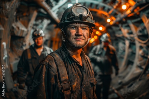 Determined Miner Stands in Dimly Lit Tunnel Surrounded by Colleagues, Emphasizing Dedication and Hard Work in the Depths of a Working Mine