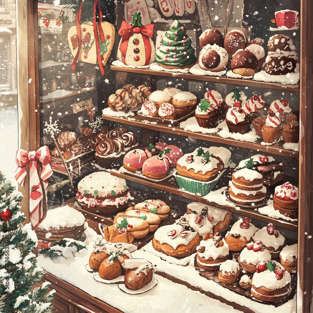 Christmas bakery display winter wonderland food photography festive atmosphere close-up sweet treats Christmas bakery display winter wonderland food photography festive atmosphere close-up sweet treats
