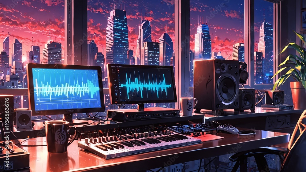 Stylish Music Production Studio with Cityscape View Stylish Music Production Studio with Cityscape View