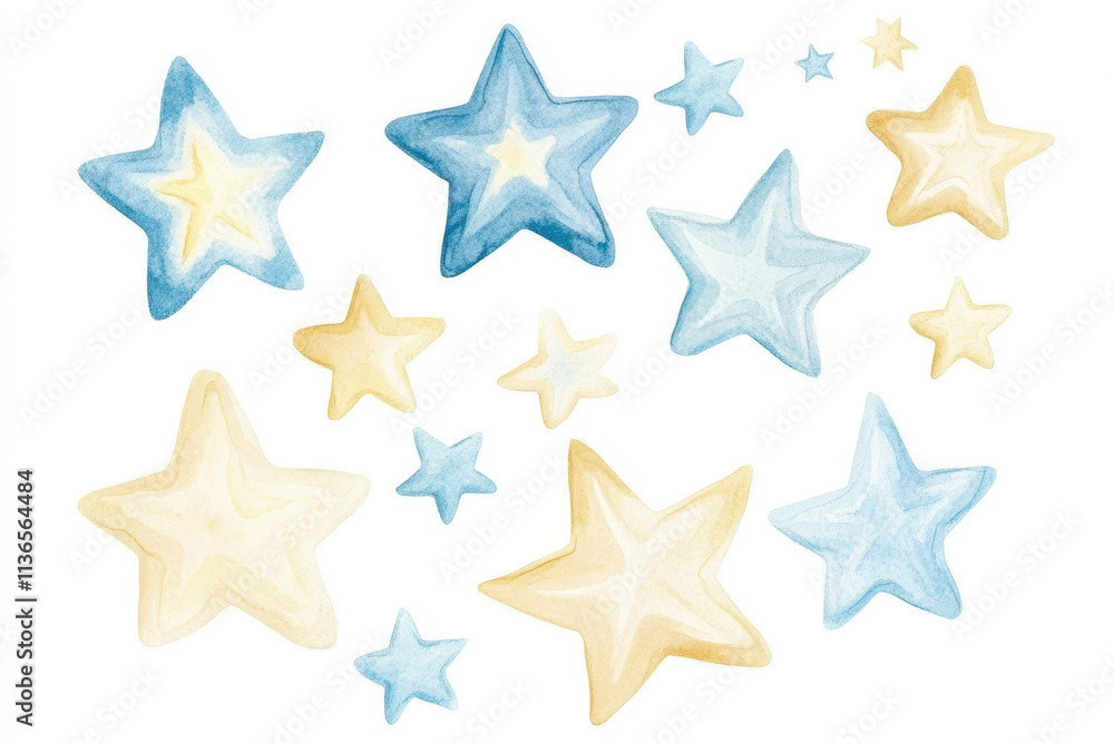 A whimsical watercolor illustration of stars in soft blue and cream hues, perfect for children's themes and dreamy designs. A whimsical watercolor illustration of stars in soft blue and cream hues, perfect for children's themes and dreamy designs.