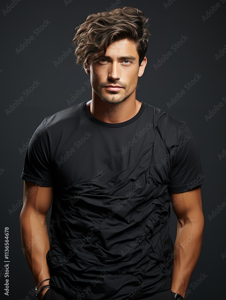 A man in a black shirt with a patterned design on it A man in a black shirt with a patterned design on it
