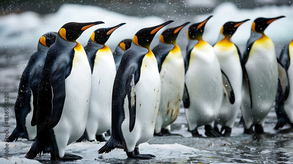 Obraz premium A group of penguins gathered on icy terrain near the water.