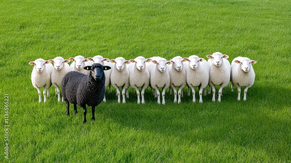 Obraz premium Black Sheep Among White Sheep in Lush Green Grass Pasture Scene
