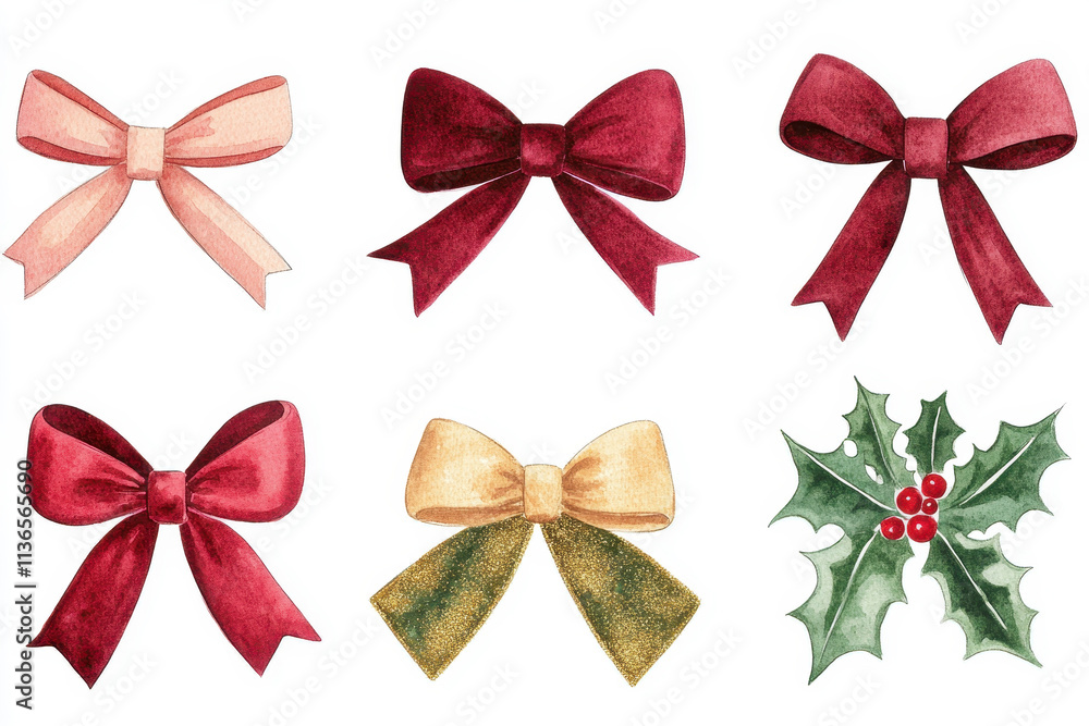 Collection of beautiful festive bows and holly for seasonal decorations. isolated on white background. Collection of beautiful festive bows and holly for seasonal decorations. isolated on white background.