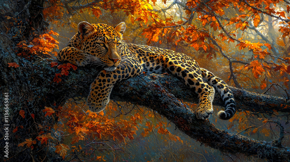 Leopard resting on autumn tree branch. Leopard resting on autumn tree branch.