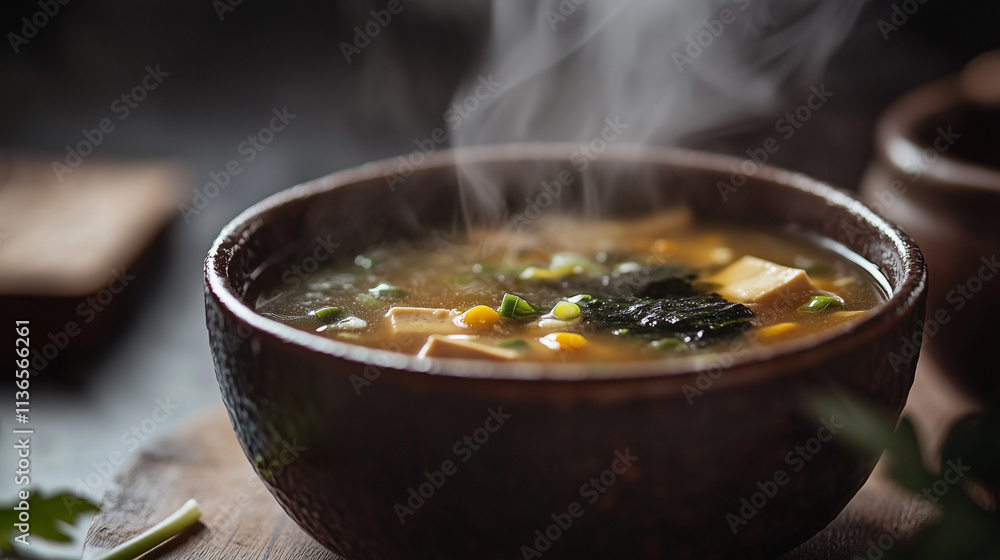 a steaming bowl of traditional miso soup with tofu, seaweed, and green onions, served in a classic ceramic bowl. a steaming bowl of traditional miso soup with tofu, seaweed, and green onions, served in a classic ceramic bowl.