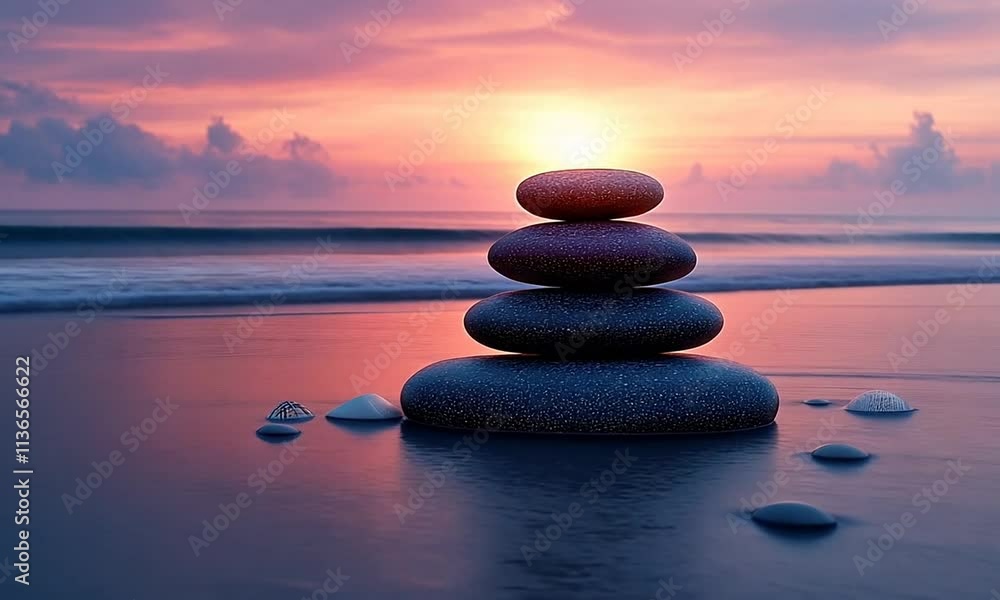 Stacked stones at sunset on a tranquil beach Stacked stones at sunset on a tranquil beach