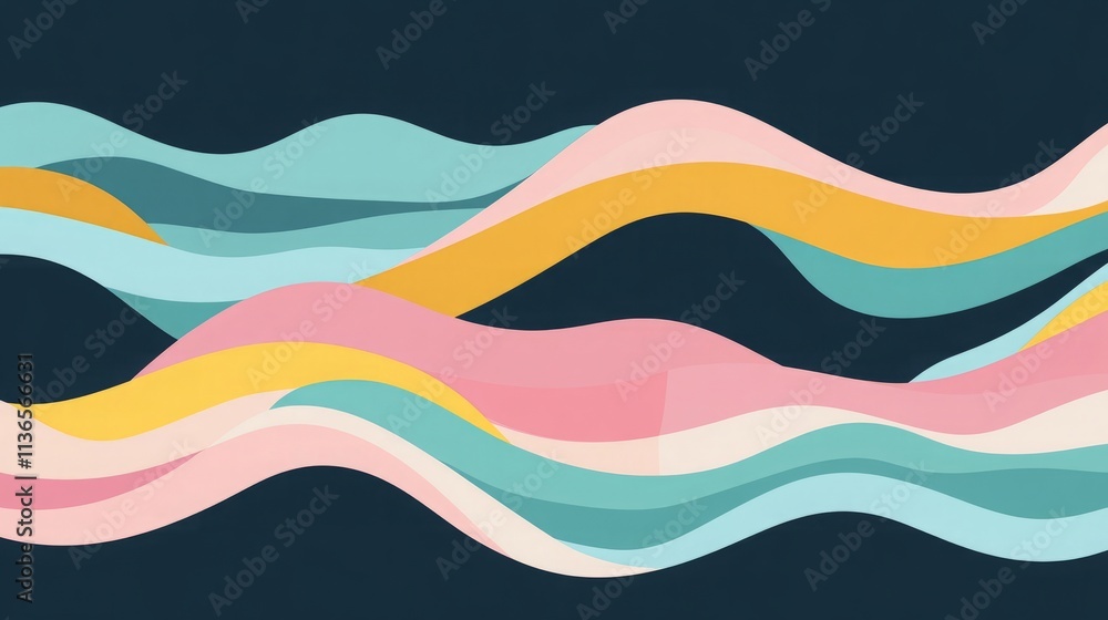 Generate a minimal vector cover with a focus on colorful stripes and waves. Use a palette of mint green, blue, yellow, and pink against a dark blue background. Generate a minimal vector cover with a focus on colorful stripes and waves. Use a palette of mint green, blue, yellow, and pink against a dark blue background.