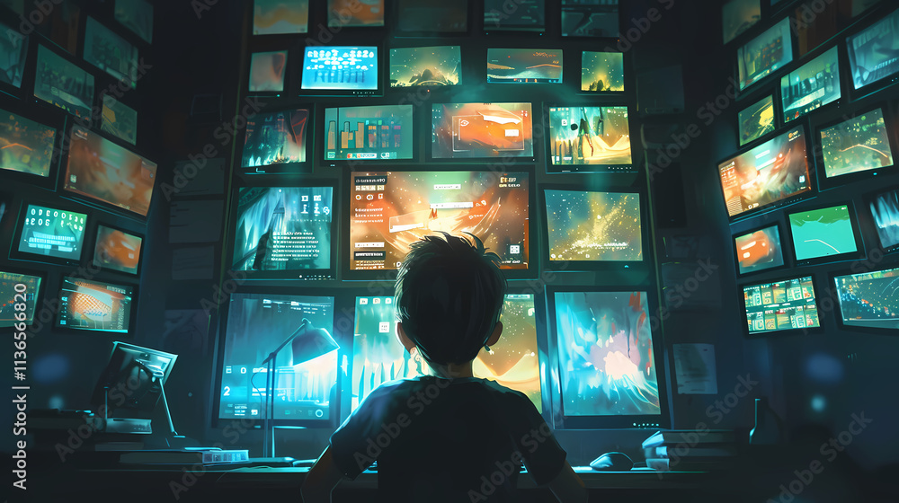 The Hacker's Lair: A young hacker sits in the dimly lit control room, surrounded by an array of monitors displaying a kaleidoscope of data and code. He navigates the digital world with ease. The Hacker's Lair: A young hacker sits in the dimly lit control room, surrounded by an array of monitors displaying a kaleidoscope of data and code. He navigates the digital world with ease.