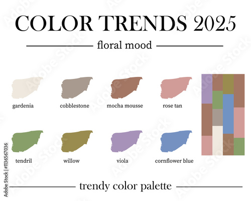 Color trends 2025. Floral mood color palette. Harmonious trendy colors.