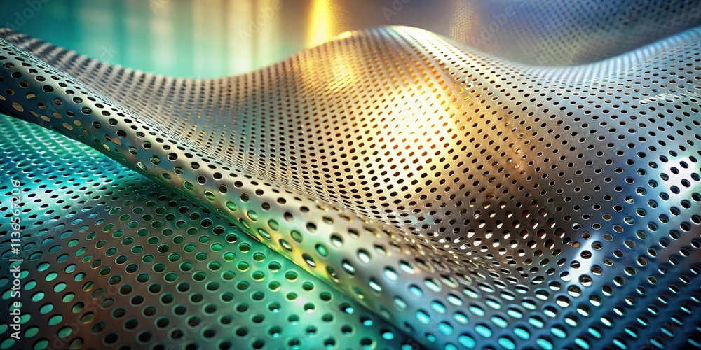 Abstract Metallic Perforated Sheet, Undulating Surface Texture with Teal and Gold Highlights Abstract Metallic Perforated Sheet, Undulating Surface Texture with Teal and Gold Highlights