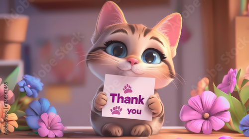 Adorable cartoon cat holding a thank you card with paw prints and surrounded by flowers for International Thank You Day