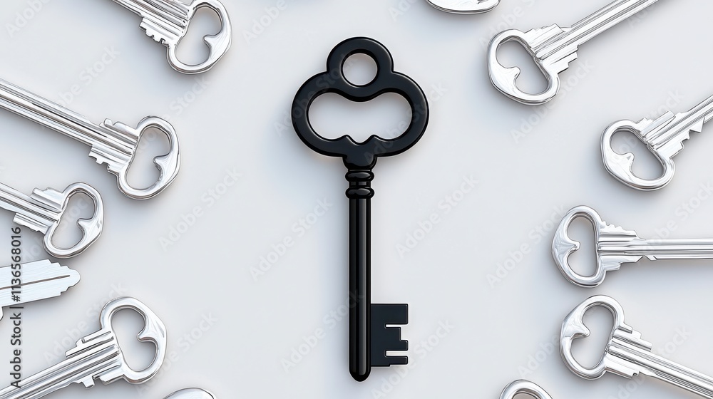 Black Key Surrounded by White Keys on a Soft Background Black Key Surrounded by White Keys on a Soft Background