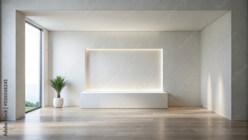 Modern minimalist interior design featuring a built-in white display unit with integrated lighting and hardwood floors Modern minimalist interior design featuring a built-in white display unit with integrated lighting and hardwood floors