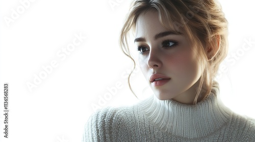 Portrait of a Young Woman in a Turtleneck Sweater. Beautiful Young Woman with Clear Skin and Natural Makeup Wearing a Beige Turtleneck Sweater, Looking Directly

 photo