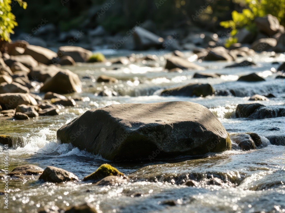 A smooth, flat rock surrounded by flowing water—ideal for nature and adventure-themed product displays. A smooth, flat rock surrounded by flowing water—ideal for nature and adventure-themed product displays.