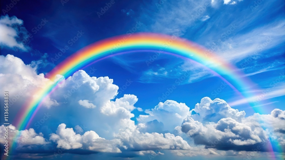 Vibrant Rainbow Arcing Across a Dramatic Cloudscape of White and Gray Puffy Clouds in a Vivid Blue Sky Vibrant Rainbow Arcing Across a Dramatic Cloudscape of White and Gray Puffy Clouds in a Vivid Blue Sky