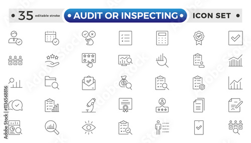 Audit or Inspecting icons set in thin line design. Pack of inspection, hire, calculation money, coaching, protection, cooperation, success, task, and other pictograms. Editable stroke outline icon.