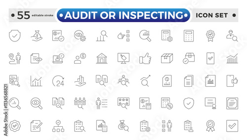 Audit or Inspecting icons set in thin line design. Pack of inspection, hire, calculation money, coaching, protection, cooperation, success, task, and other pictograms. Editable stroke outline icon.