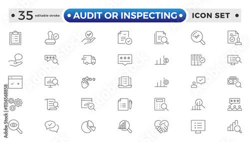 Audit or Inspecting icons set in thin line design. Pack of inspection, hire, calculation money, coaching, protection, cooperation, success, task, and other pictograms. Editable stroke outline icon.