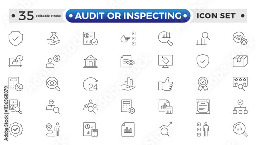 Audit or Inspecting icons set in thin line design. Pack of inspection, hire, calculation money, coaching, protection, cooperation, success, task, and other pictograms. Editable stroke outline icon.