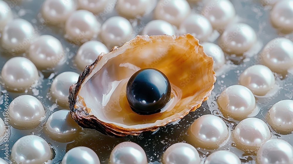 Black pearl in oyster shell surrounded by white pearls on reflective surface Black pearl in oyster shell surrounded by white pearls on reflective surface