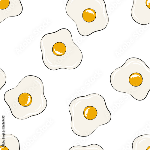 Hand drawn seamless pattern of fried eggs on a white background featuring multiple egg shapes and yolks