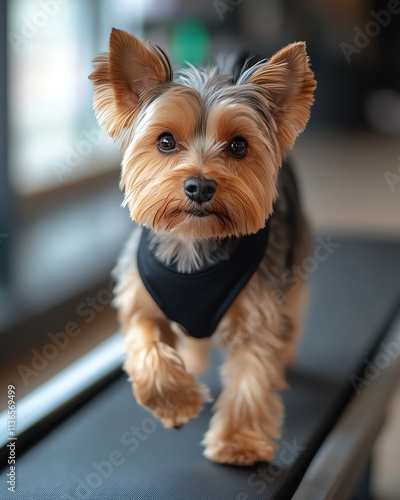 A small dog using a treadwheel for fitness training in a professional dog gym. photo