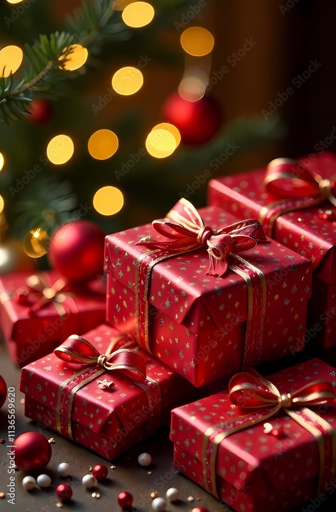 Colorful red holiday gifts surrounded by gold lights and holiday decorations Colorful red holiday gifts surrounded by gold lights and holiday decorations